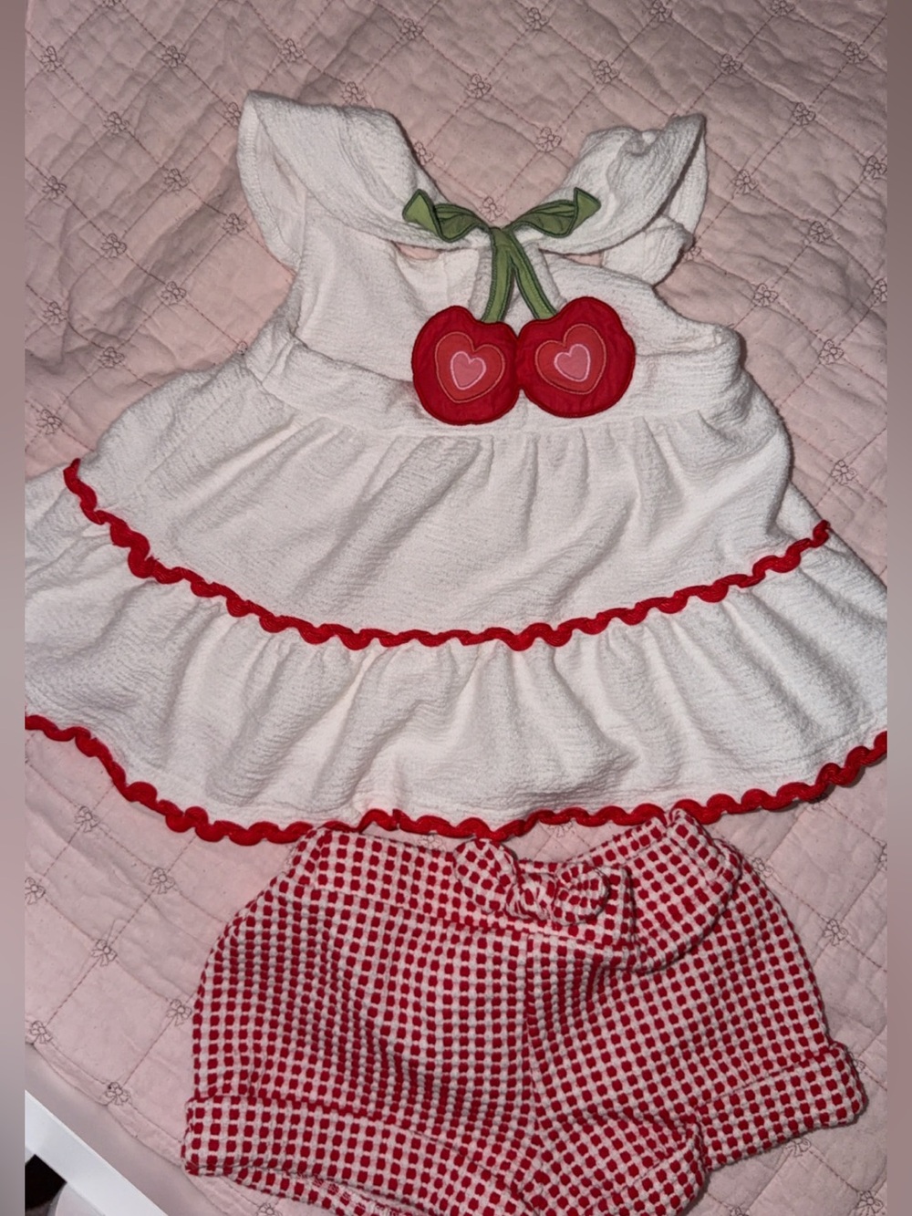White & Red Cherry Ruffle Girls' Dress and Shorts Set